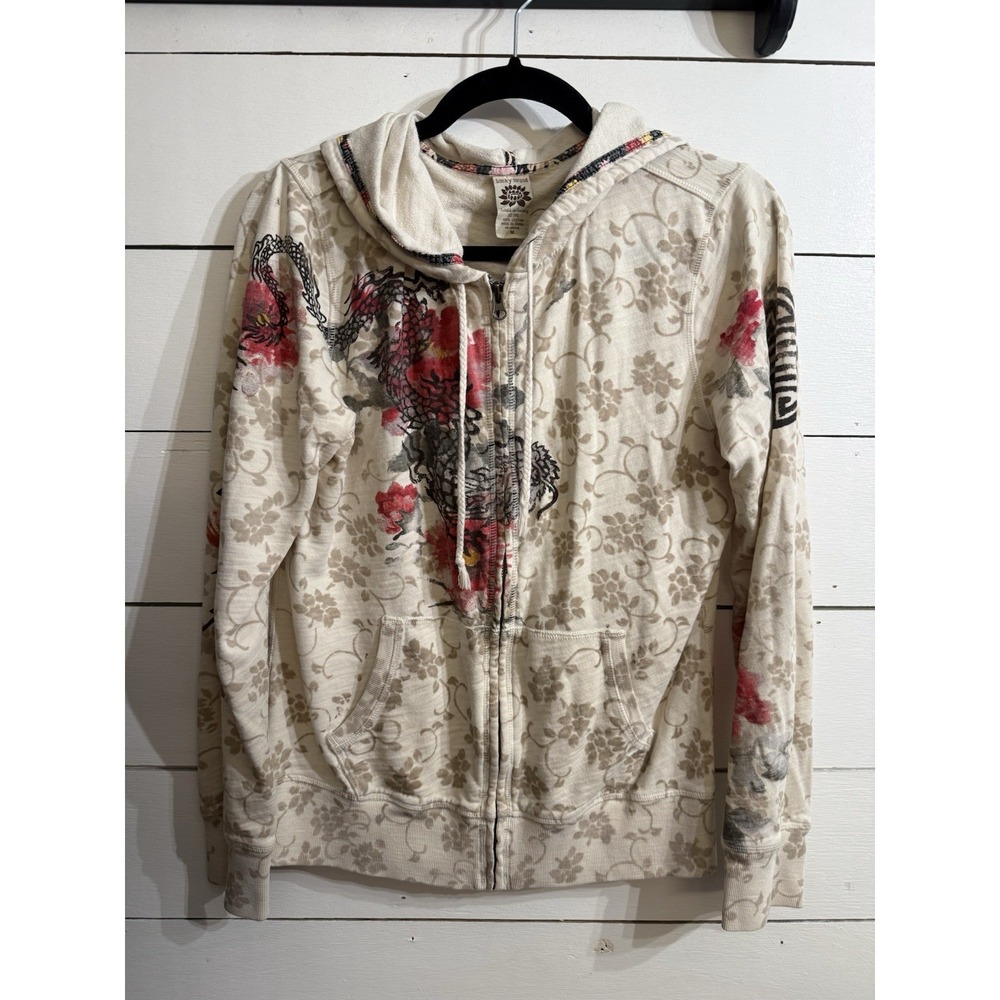 VTG Lucky Brand Y2K Japanese Dragon & Floral Design Lotus Tag Hoodie Medium